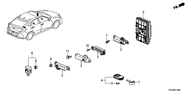 2017 Honda Civic Fob Assembly, Entry Key Diagram for 72147-TGG-A21