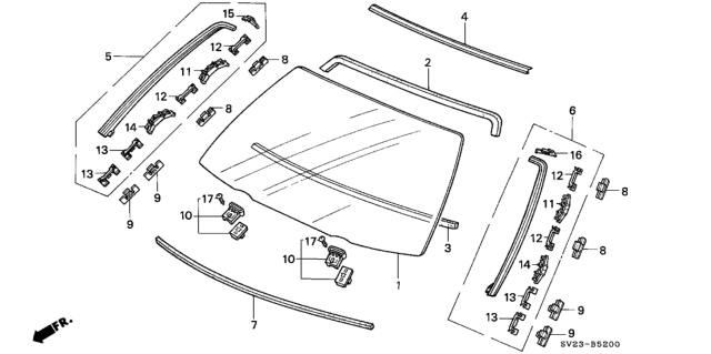 1996 Honda Accord Clip F, FR. Windshield Side Molding Diagram for 91572-SV2-003