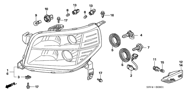 2007 Honda Pilot Headlight Unit, Driver Side Diagram for 33151-S9V-A11