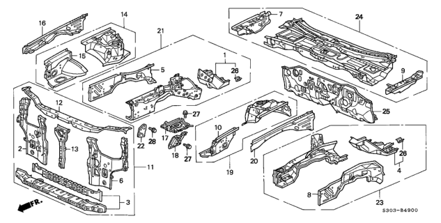 2001 Honda Prelude Stay, Bulkhead Center Diagram for 60434-S30-A00ZZ