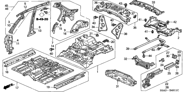 2002 Honda Civic Gusset, R. RR. Bulkhead Diagram for 66521-S5W-000ZZ