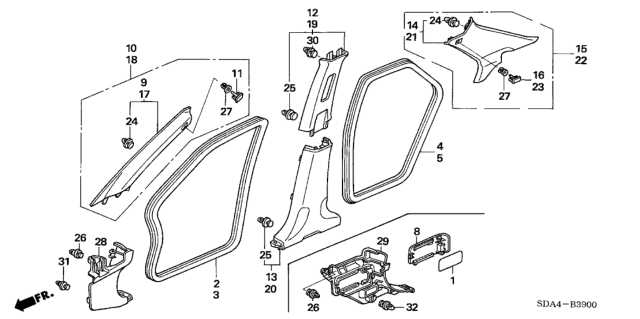 2004 Honda Accord Garnish Assy., L. Center Pillar (Upper) *NH220L* (CLEAR GRAY) Diagram for 84161-SDB-A01ZA