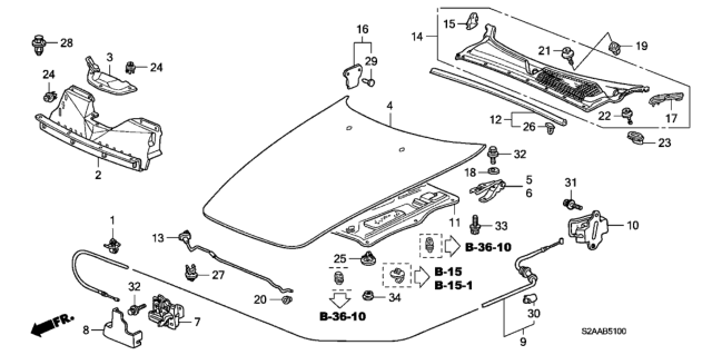 2008 Honda S2000 2 Door CR (WITH AC) KA 6MT Engine Hood Diagram