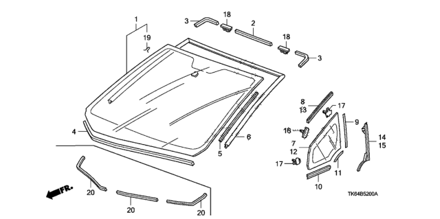 2009 Honda Fit Garnish, L. FR. Quarter Glass Diagram for 73850-TF0-003