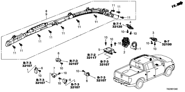 2019 Honda Ridgeline Module Set, Passenger Side Curtain Airbag Diagram for 78870-T6Z-A80