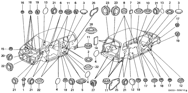 1998 Honda Odyssey Grommet, FR. Drain Hole Diagram for 70054-SX0-000