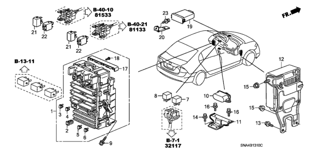 2006 Honda Civic Box Assembly, Fuse Diagram for 38200-SNA-A12