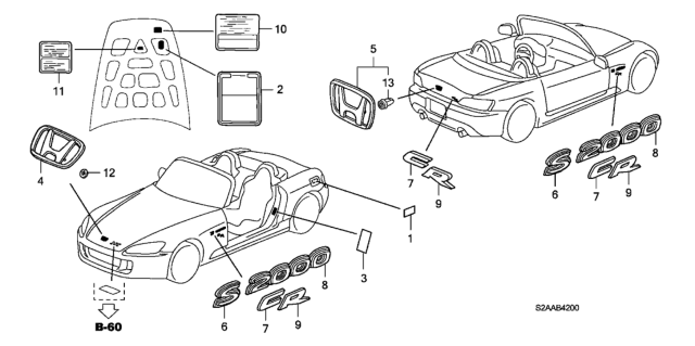 2009 Honda S2000 Emblem Set, Side (2000) Diagram for 75711-S2A-A00