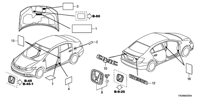 2015 Honda Civic 4 Door MX KL CVT Emblems - Caution Labels Diagram