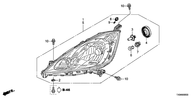 2014 Honda Fit EV Headlight Assembly, Driver Side Diagram for 33150-TX9-A01