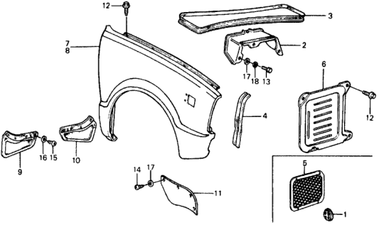 1975 Honda Civic 2 Door ** (1500) KA HMT Front Fender Diagram