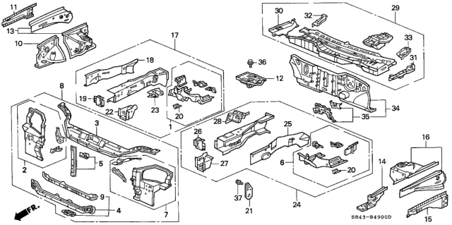 1994 Honda Civic Frame, L. FR. Side Diagram for 60910-SR3-A01ZZ