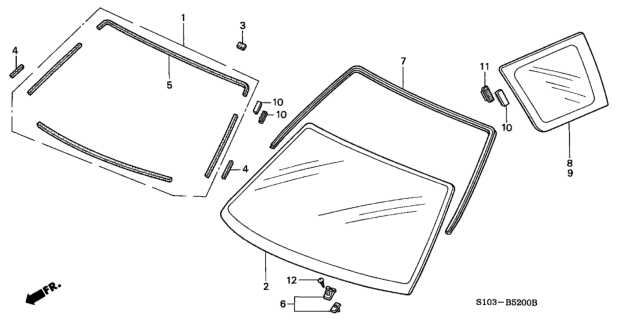 1999 Honda CR-V 5 Door EX KA 5MT Front Windshield - Quarter Glass Diagram