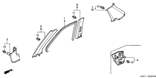 2002 Honda Civic Garnish Assy., R. RR. Pillar *NH220L* (CLEAR GRAY) Diagram for 84131-S5S-E01ZA