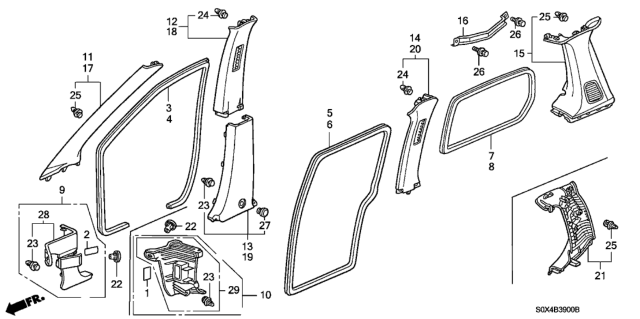 2000 Honda Odyssey 5 Door EX (NAVIGATION) KA 4AT Pillar Garnish Diagram