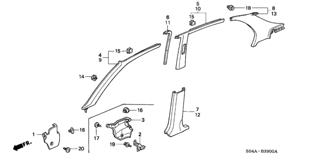 1999 Honda Civic Garnish Assy., R. RR. Pillar *YR98L* (COAST SAND) Diagram for 84130-S04-000ZC