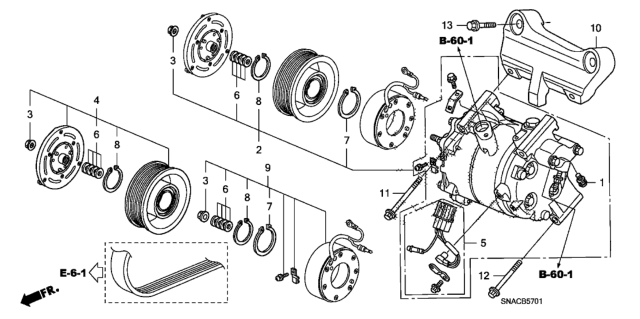 2011 Honda Civic 4 Door SI KA 6MT A/C Compressor (2.0L) Diagram