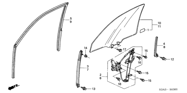 2005 Honda Accord Hybrid Front Door Glass  - Regulator Diagram