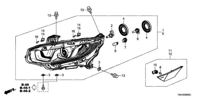 2016 Honda Civic Light Assembly, Right Front Side Marker Diagram for 33800-TBA-A02