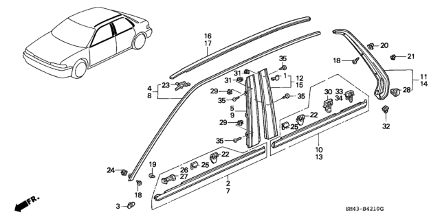 1993 Honda Accord 4 Door EX KA 5MT Molding Diagram