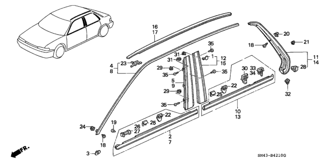 1990 Honda Accord Garnish, L. RR. Pillar Diagram for 72955-SM4-013