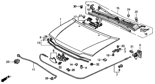 1990 Honda Accord 2 Door EX KA 5MT Hood Diagram