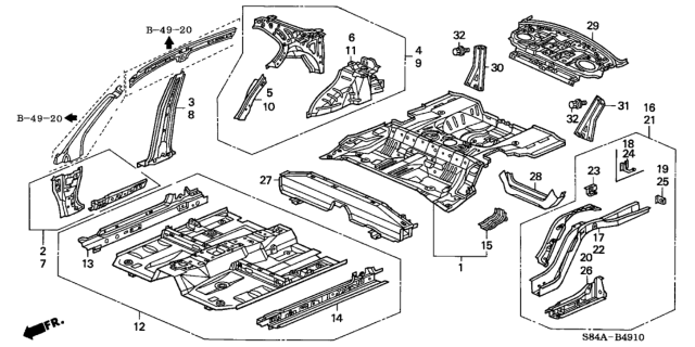 2002 Honda Accord Crossmember, Middle Floor Diagram for 65700-S84-A00ZZ