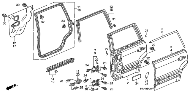 2004 Honda Pilot 5 Door EXL (RES) KA 5AT Rear Door Panels Diagram