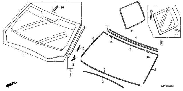 2009 Honda Pilot Front Windshield - Quarter Glass Diagram