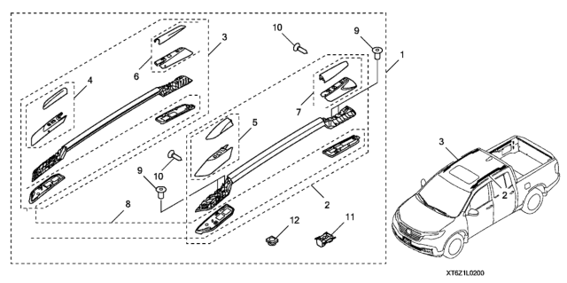 2020 Honda Ridgeline 4 Door RTL (-E) KA 9AT Roof Rails (Black) Diagram
