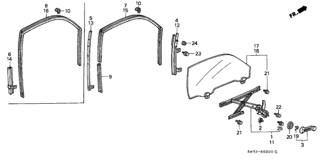 1991 Honda Civic 3 Door SI KA 5MT Door Window Diagram