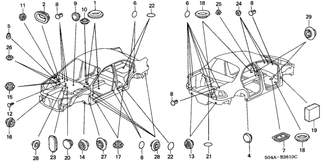 1999 Honda Civic 4 Door GX (ABS) KA 4AT Grommet Diagram