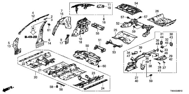 2021 Honda Accord Hybrid Bulkhead, R. RR. Frame Diagram for 65639-TVA-A00ZZ