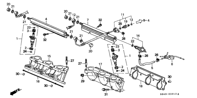 1998 Honda Accord 4 Door LXV6 KA 4AT Fuel Injector (V6) Diagram