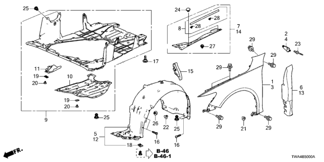 2019 Honda Accord Hybrid Fender Assembly, Left Front (Inner) Diagram for 74150-TVA-A00