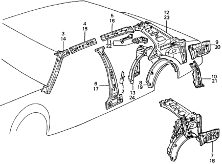 1982 Honda Civic 4 Door ** (1500) KA HMT Inner Panel Diagram