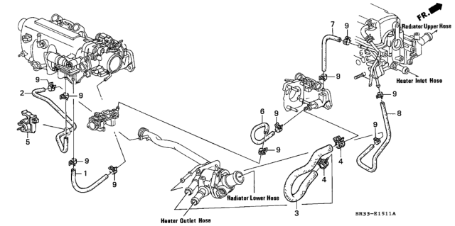 1993 Honda Civic 3 Door SI KA 5MT Water Hose Diagram