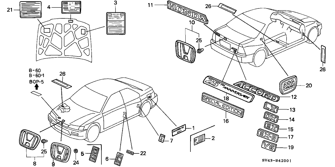1996 Honda Accord 4 Door EX KL 4AT Emblems - Caution Labels